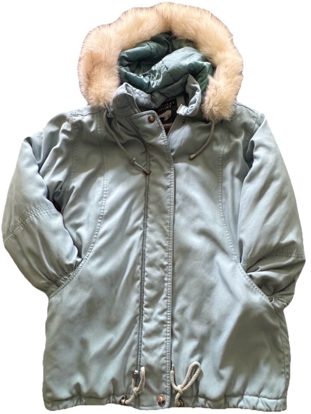 Vintage Bromley Sport Fox Fur Hood Parka S Petite Après Ski Blue Winter Coat
